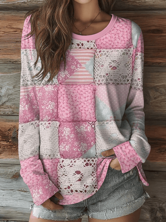Women's Casual Breast Cancer Awareness Paneled Crew Neck T-Shirt