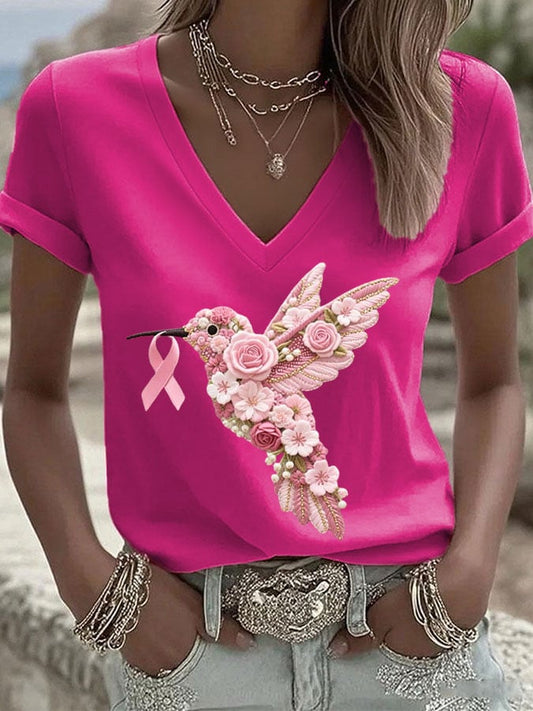 Women's Breast Cancer Hummingbird Ribbon Print Casual T-shirt