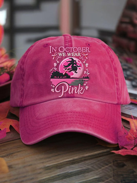 Women's casual October we wear pink witch washed cotton hat