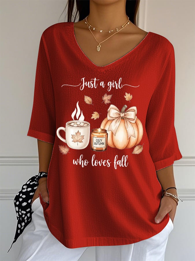 Women's Just A Girl Who Loves Fall Print Mid-Sleeve Casual T-Shirt