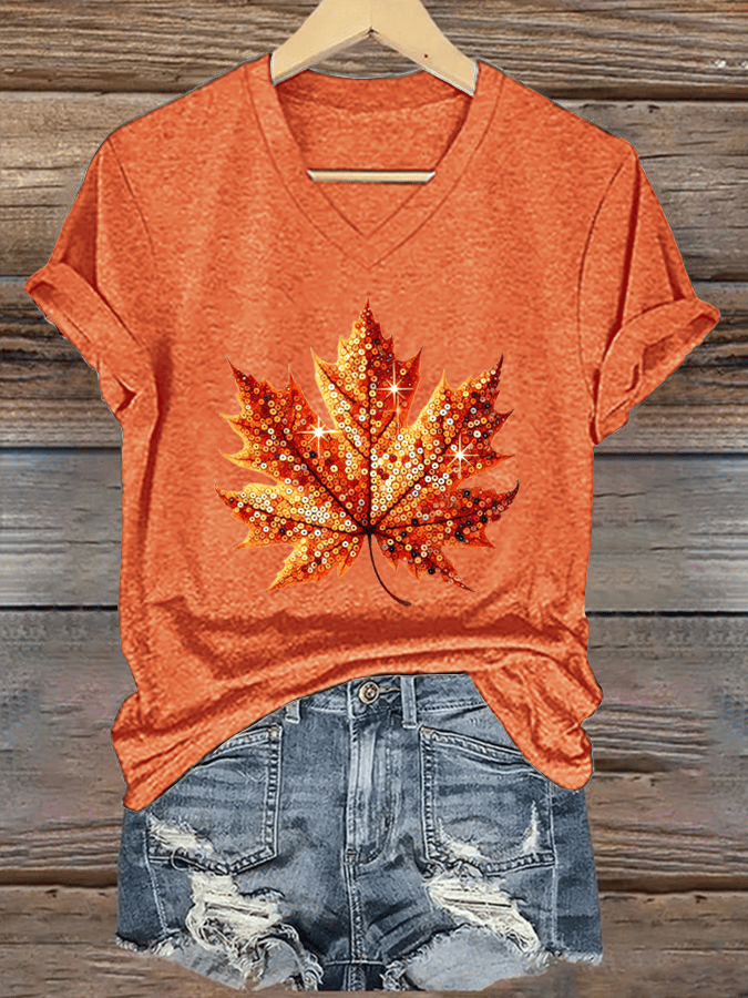 Women's Autumn Sequin Maple Leaf Print V-Neck T-Shirt