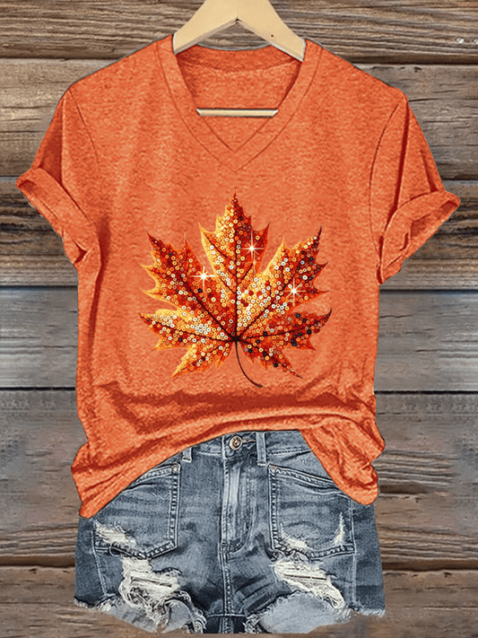 Women's Autumn Sequin Maple Leaf Print V-Neck T-Shirt