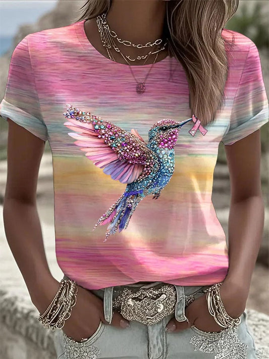 Women's Breast Cancer Gradient Hummingbird Ribbon Print Crew Neck T-Shirt
