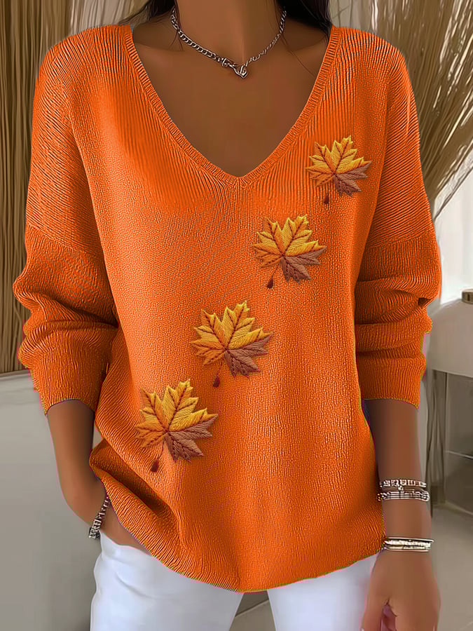 Women's Autumn Maple Leaf Striped Long-Sleeved Top