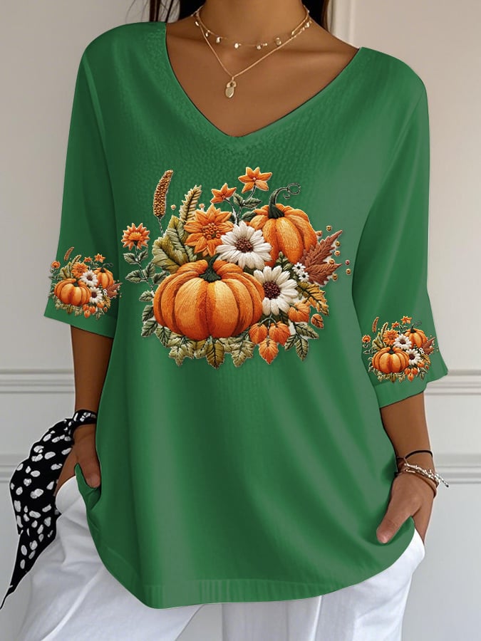 Women's Casual Pumpkin Bubble Ruffled Three-quarter Sleeve Top