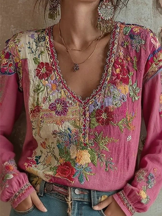 Women's Vintage Pink Floral Embroidery Art Round Neck Linen Blend T-Shirt