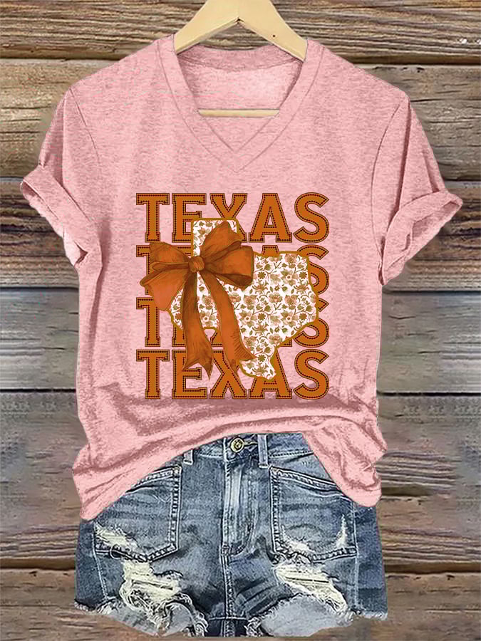 V-Neck Retro Burnt Orange Texas Coquette Bow Print T-Shirt
