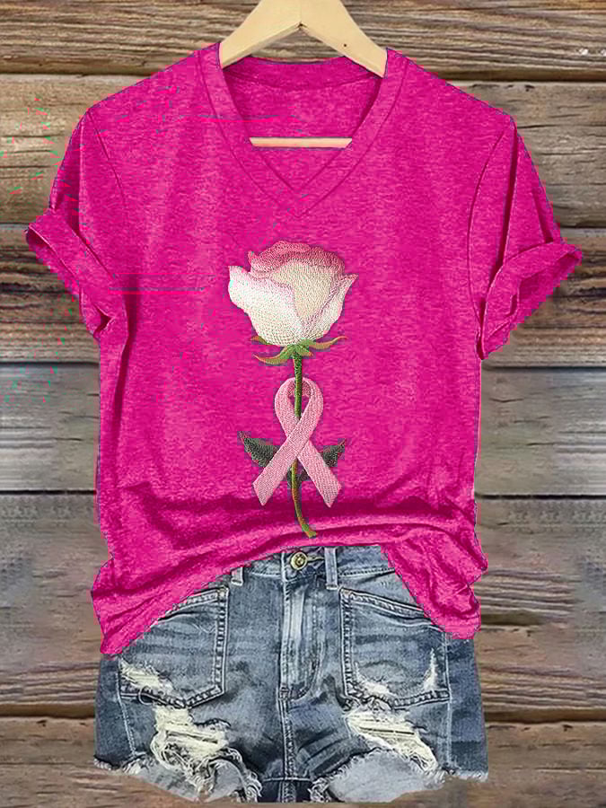 Women's embroidered pink floral print T-shirt