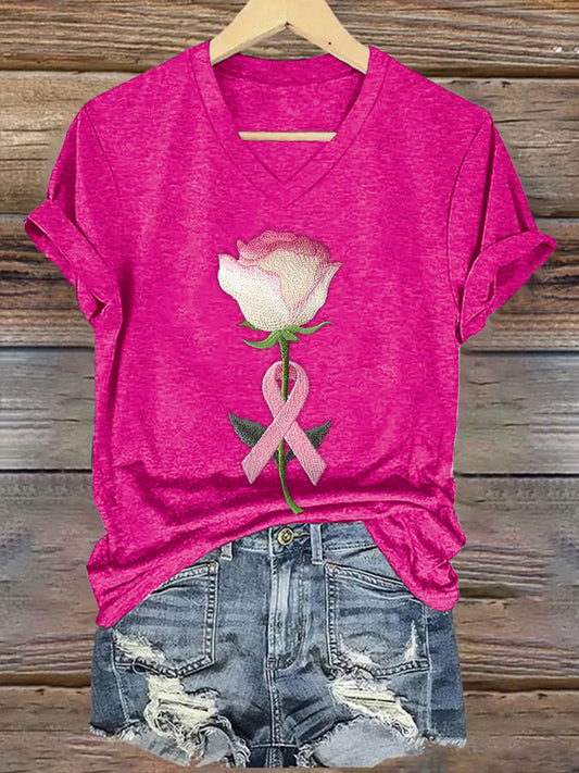 Women's embroidered pink floral print T-shirt