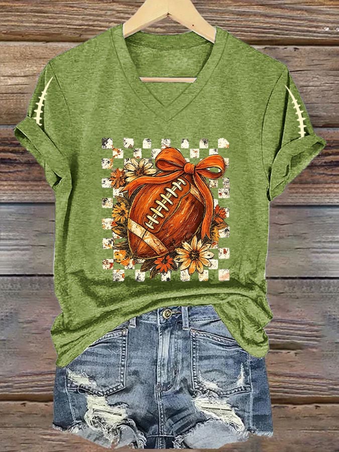 Women's V-Neck Retro Fall Means Football Print T-Shirt