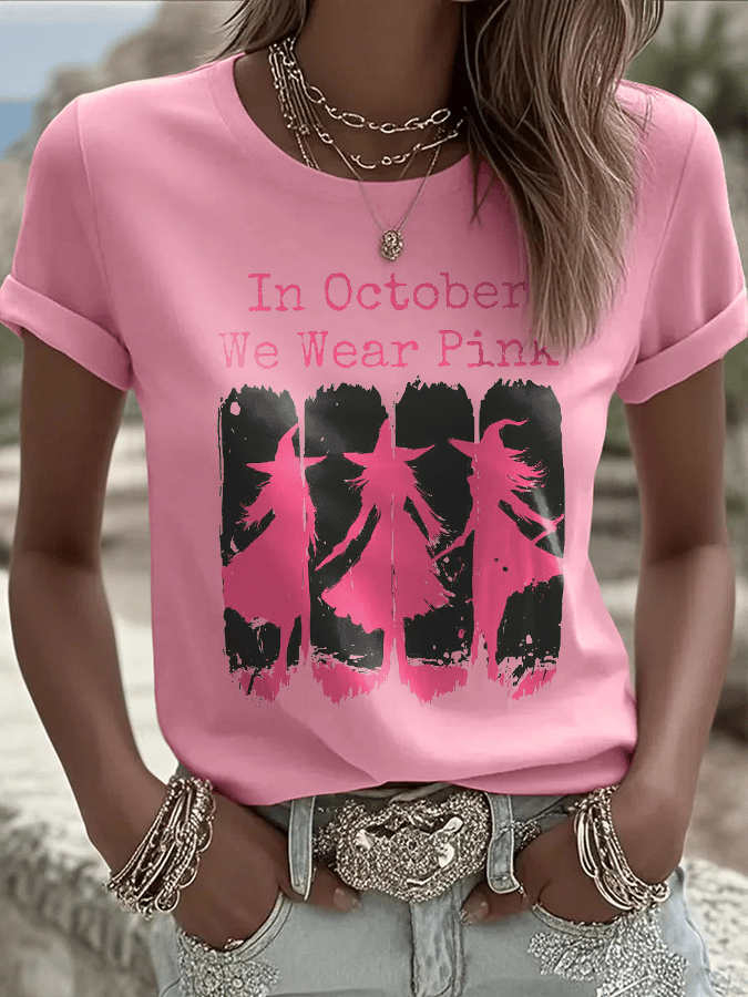 Women's In October We Wear Pink Print Crew Neck T-Shirt