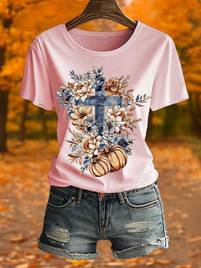 Women's Retro Autumn Pumpkin Print T-Shirt