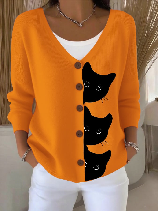 Women's Halloween Fun Black Cat Print Cardigan Sweater