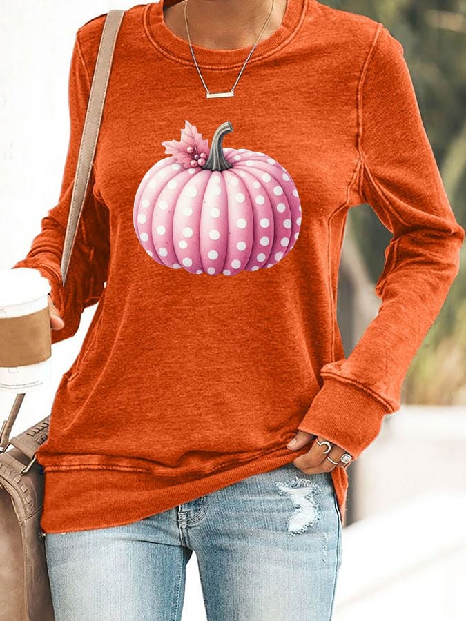 Women's Pink Pumpkin Print Casual Sweatshirt