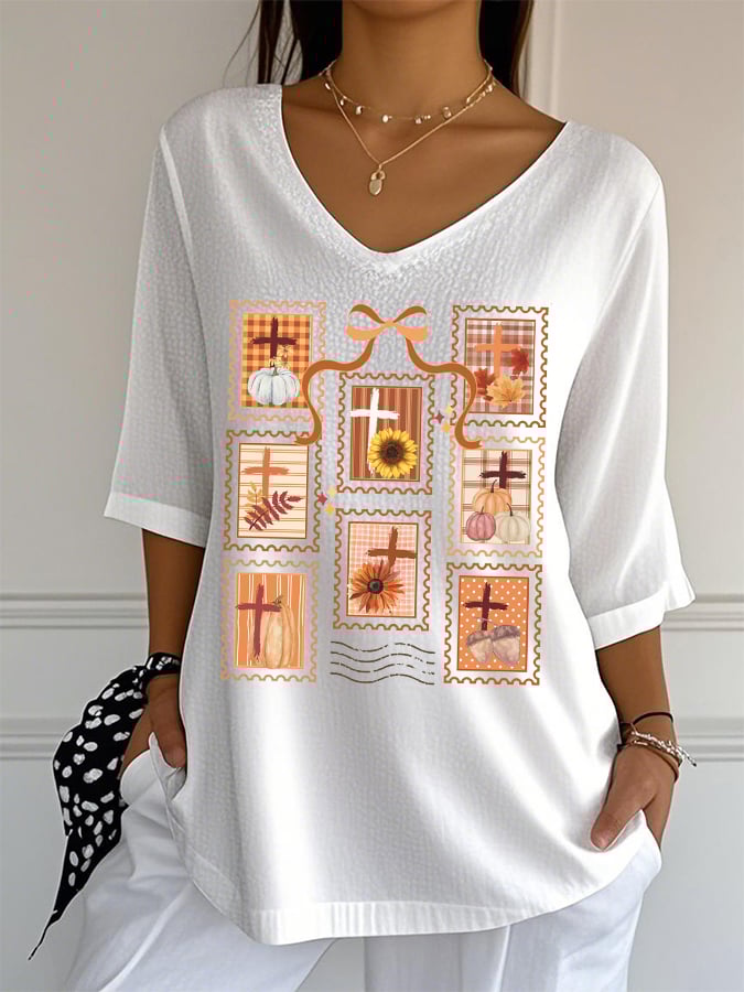 Women's Autumn Pumpkin Season Print Mid-Sleeve Casual T-Shirt