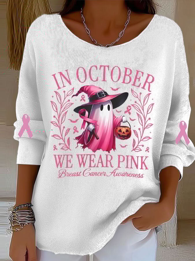 Women's Breast Cancer Awareness In October We Wear Pink Print Long Sleeve T-Shirt
