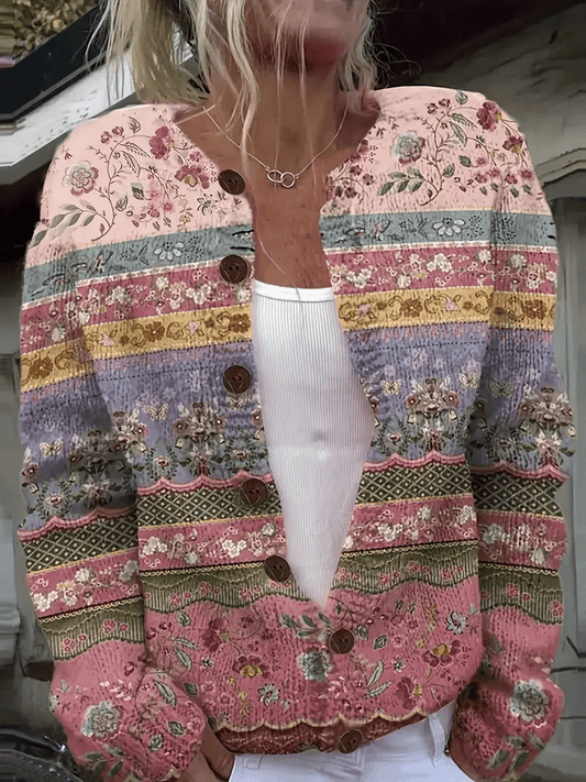 Women's Pink FlowerPrinting Flowers Knit Cardigan