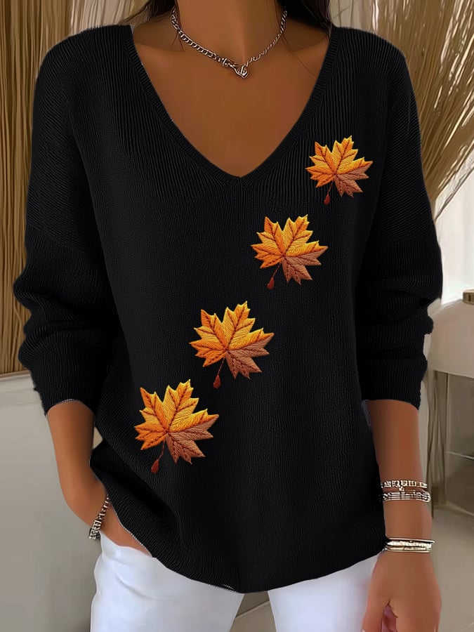 Women's Autumn Maple Leaf Striped Long-Sleeved Top