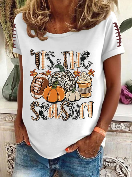 Women's FALL Football TIS THE SEASON Printed Round Neck T-Shirt