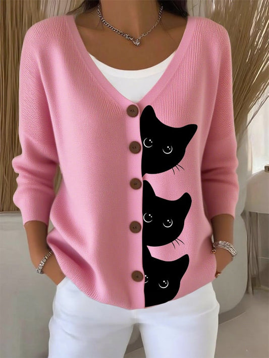 Women's Halloween Fun Black Cat Print Cardigan Sweater