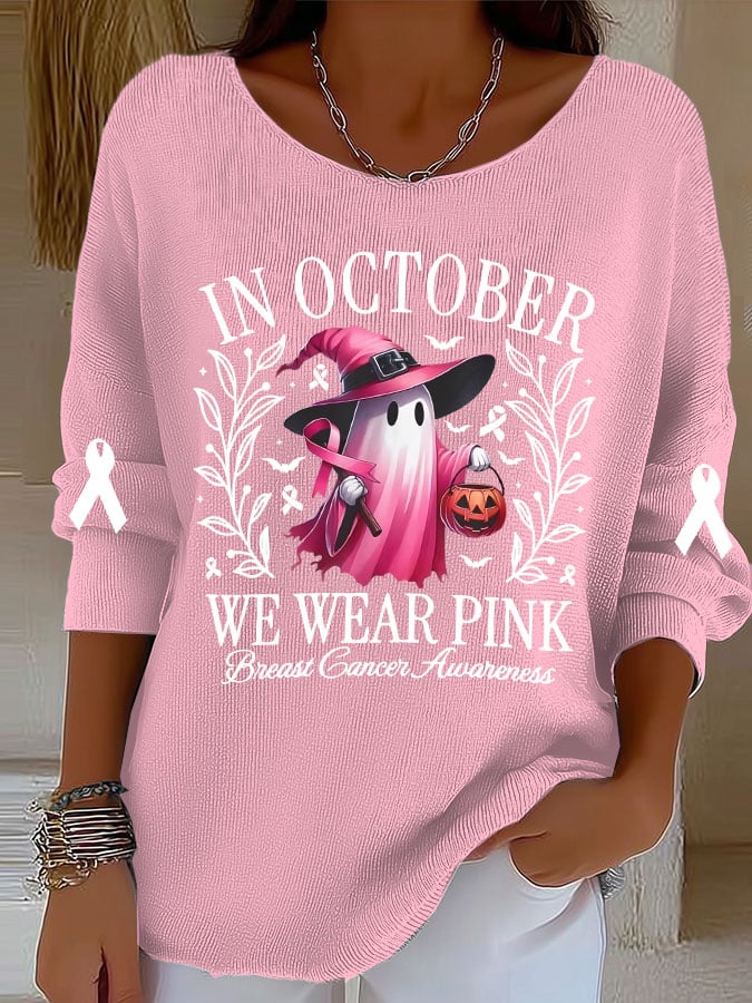 Women's Breast Cancer Awareness In October We Wear Pink Print Long Sleeve T-Shirt