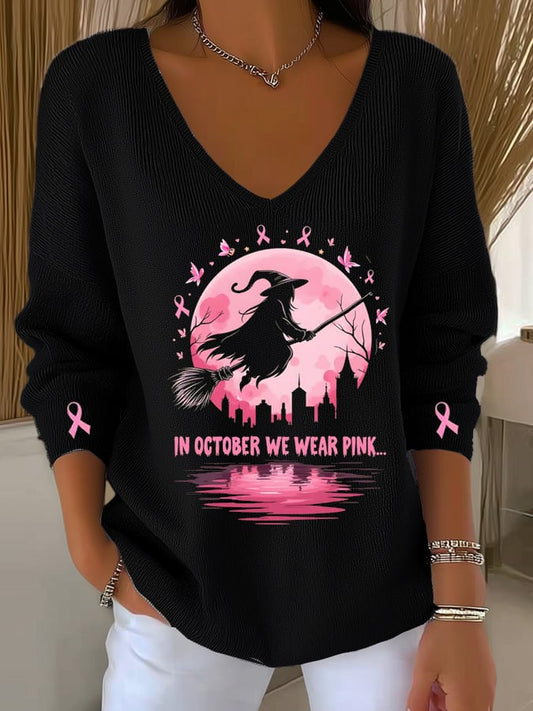 I Wear Pink Breast Cancer Awareness Print Long Sleeve T-Shirt in October