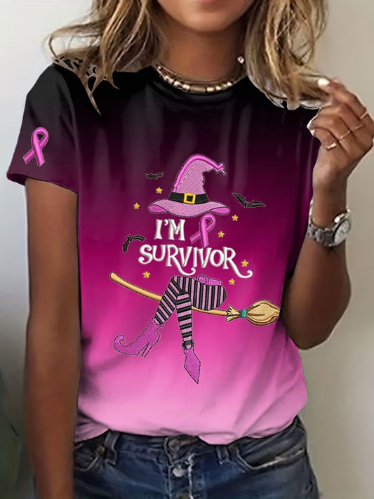 Women's Breast Cancer Printed Round Neck T-Shirt