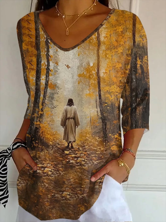 Women's Fall Faith Design Printed Striped Fabric Casual V-Neck Mid-Sleeve T-Shirt