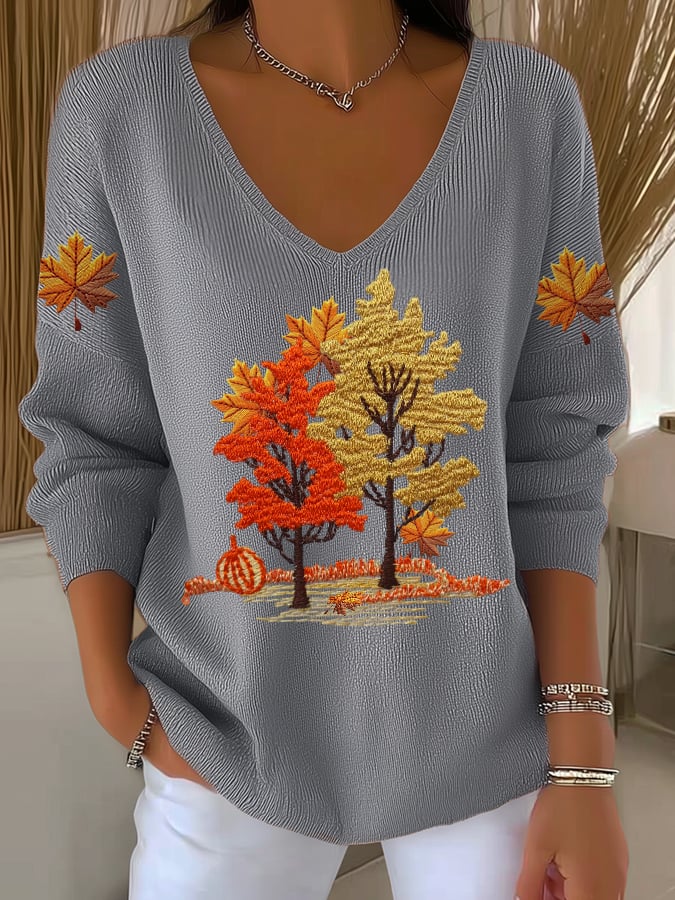 Women's Autumn Maple Leaf Striped Long-Sleeved Top
