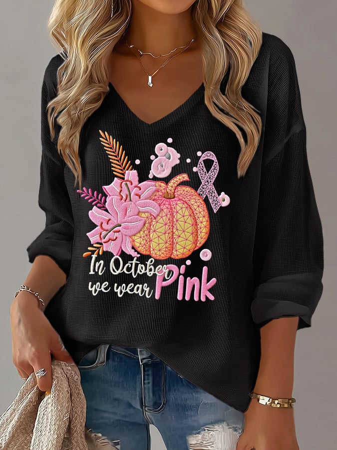Women's Casual Lily Pumpkin October We Wear Pink Waffle Long-Sleeved T-Shirt