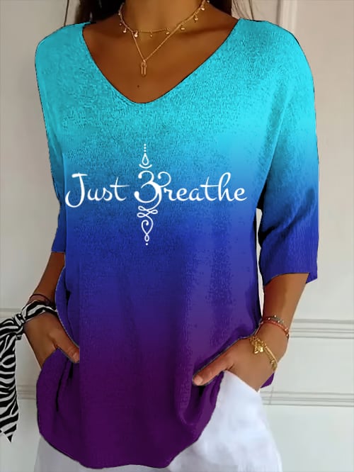Women's Just Breathe Print V Neck Top