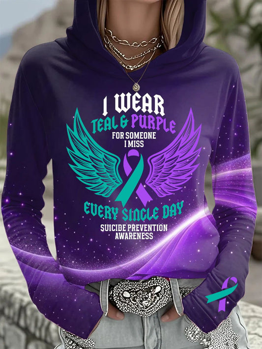 Women's Retro I Wear Teal & Purple In Memory Of My Brother Print Casual Hoodie