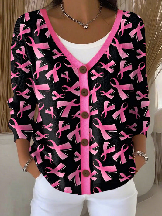 Women's Breast Cancer Ribbon Print Chunky Knit Cardigan