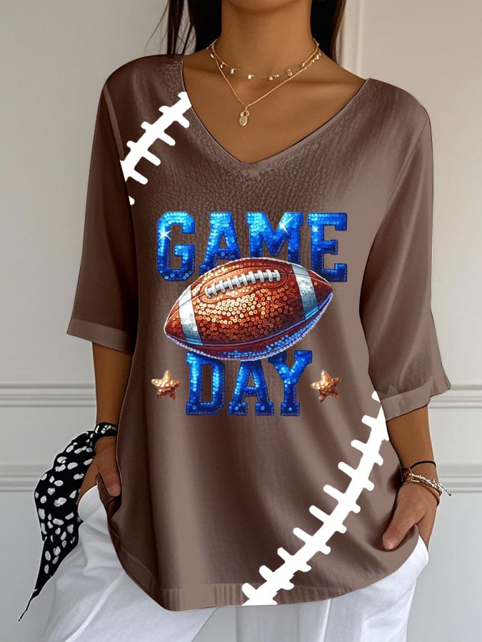 Women's Football Print Casual V-Neck T-Shirt