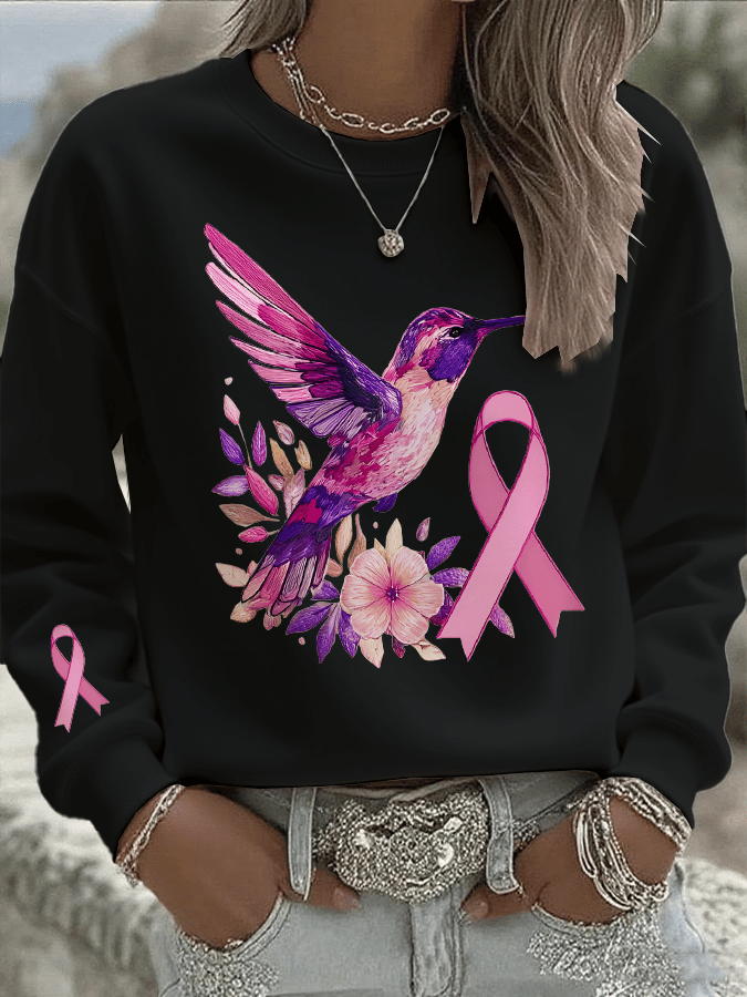 Women's Breast Cancer Hummingbird Print Crew Neck Sweatshirt
