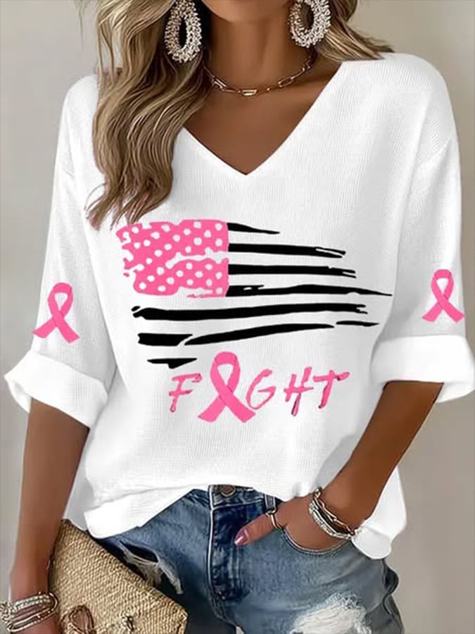 Women's Breast Cancer Pink Ribbon Flag Print T-Shirt