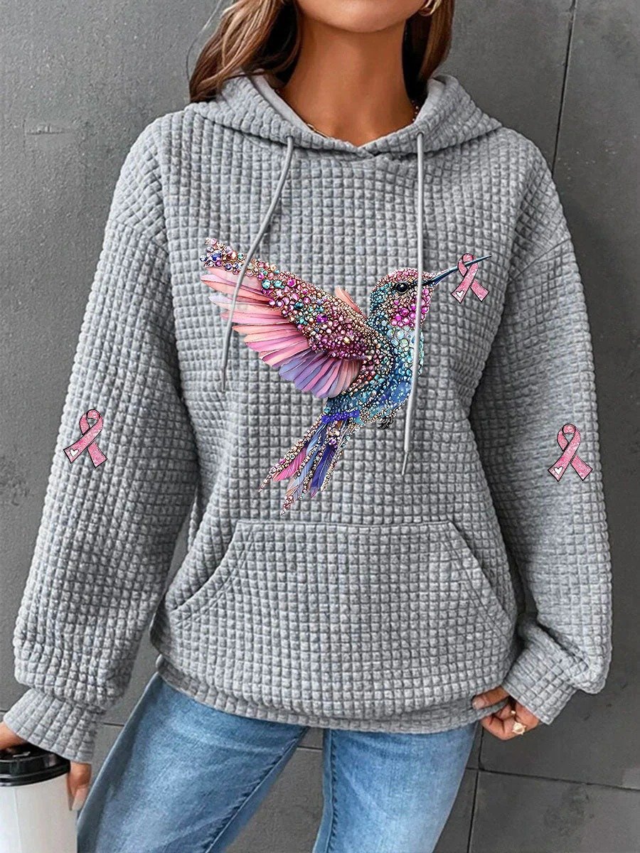 Women's Breast Cancer Hummingbird Ribbon Print Hoodie