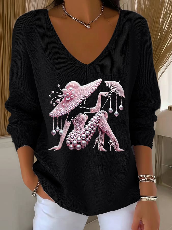 Women's casual pink breast cancer print sweater