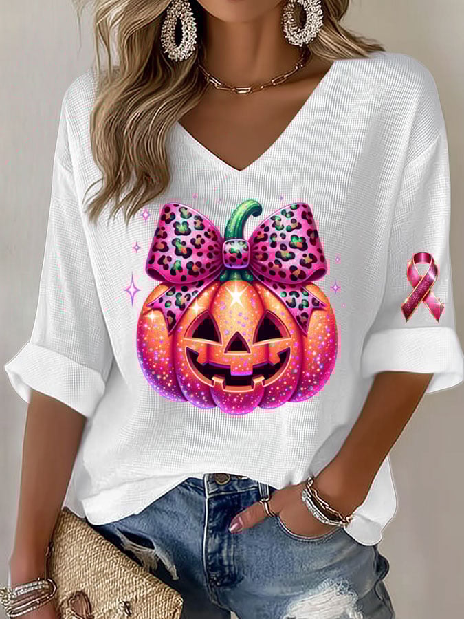 Women's Casual Breast Cancer Awareness Pumpkin Long Sleeve T-Shirt