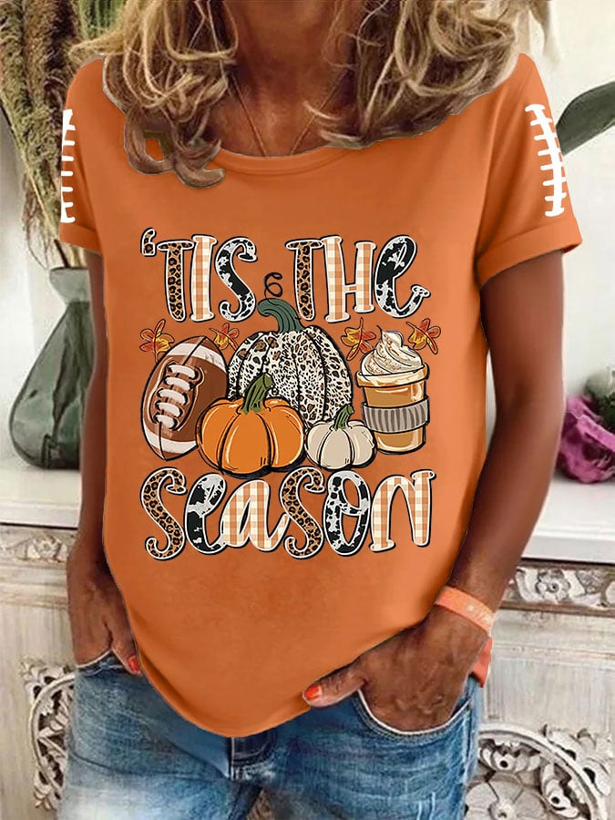 Women's FALL Football TIS THE SEASON Printed Round Neck T-Shirt