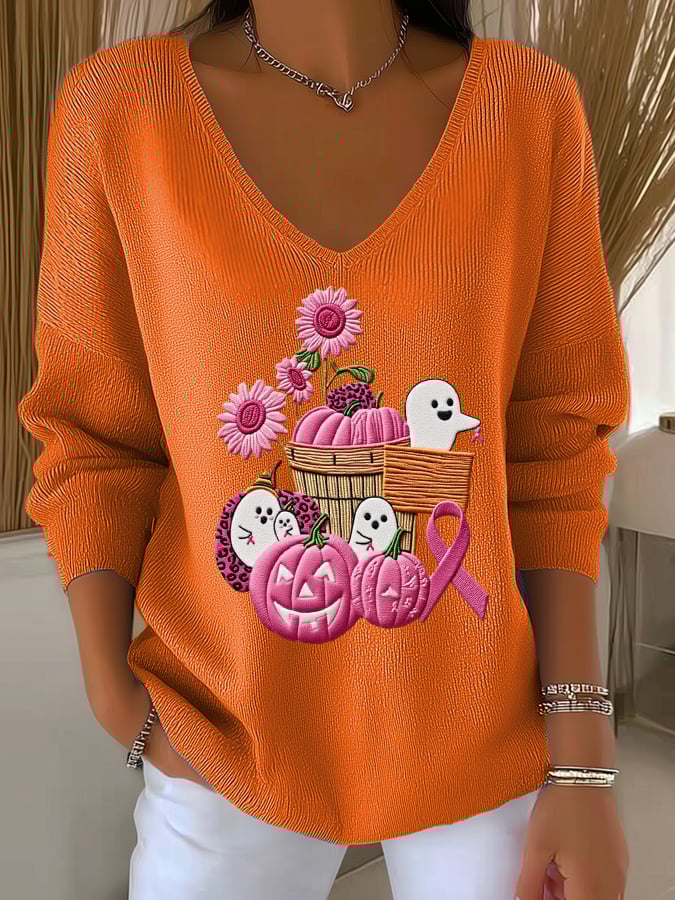 Women's Casual Pink Pumpkin Ghost Print Striped Long Sleeve Top