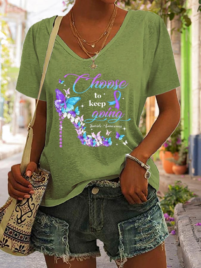 Women's V-Neck Suicide Prevention Awareness Print Casual T-Shirt