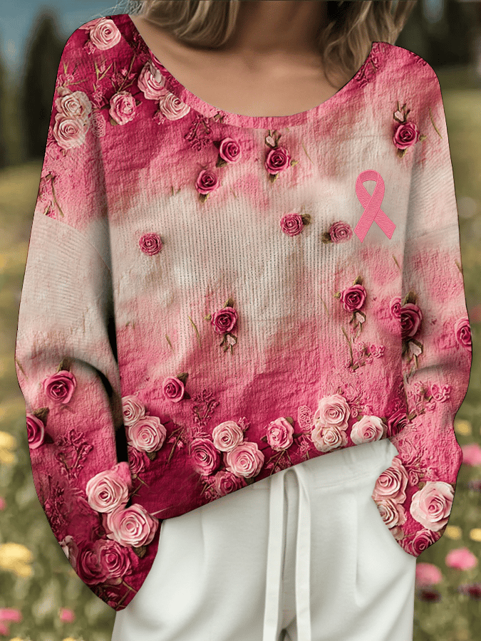 Women's Breast Cancer Flowers Print Drop Shoulder Sweater