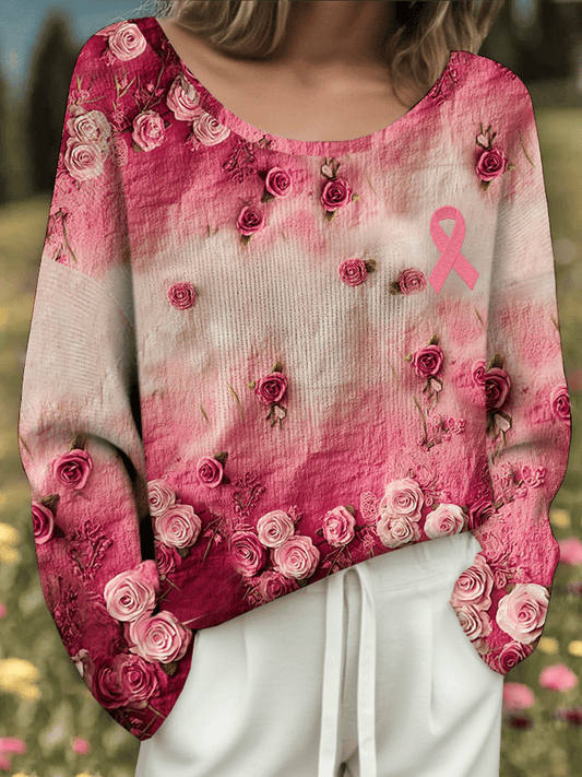 Women's Breast Cancer Flowers Print Drop Shoulder Sweater
