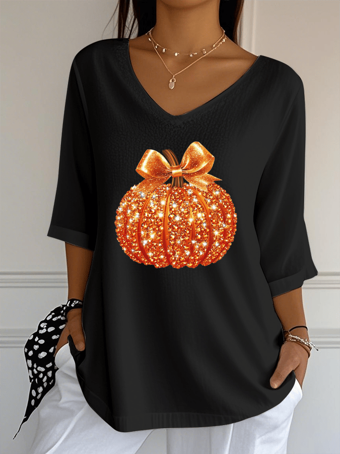Women's Sequined Pumpkin Print Jacquard Fabric Casual V-Neck Top