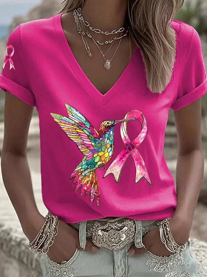 Women's Breast Cancer Hummingbird Ribbon Print Casual T-shirt