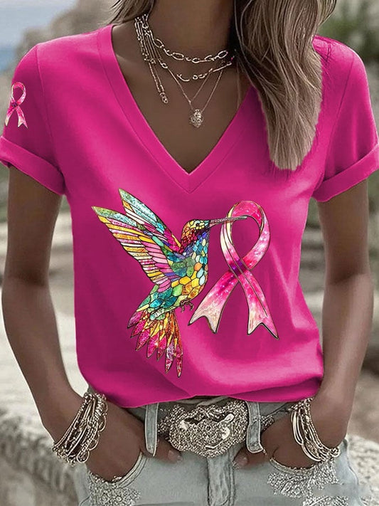 Women's Breast Cancer Hummingbird Ribbon Print Casual T-shirt