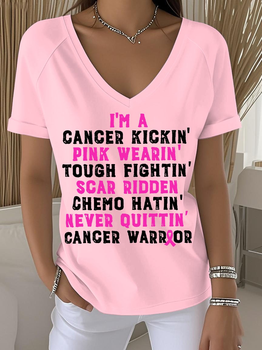 Women's Retro Breast Cancer Awareness Cancer Kickin' Chemo Hat In' Warrior Printed Raglan V-Neck T-Shirt