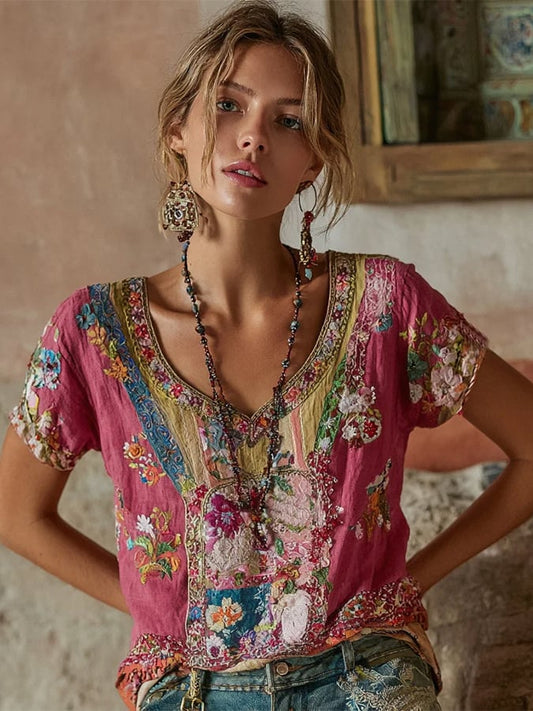 Women's Vintage Rose Patchwork Design Printed V-Neck T-Shirt