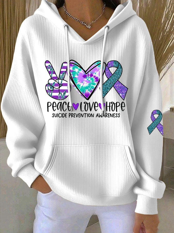 Women's Peace Love Hope, Suicide Prevention Awareness Print Casual Hoodie